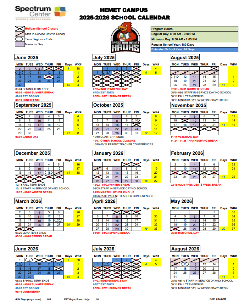 Hemet Unified County School District Proposed Calendar 2025-2026