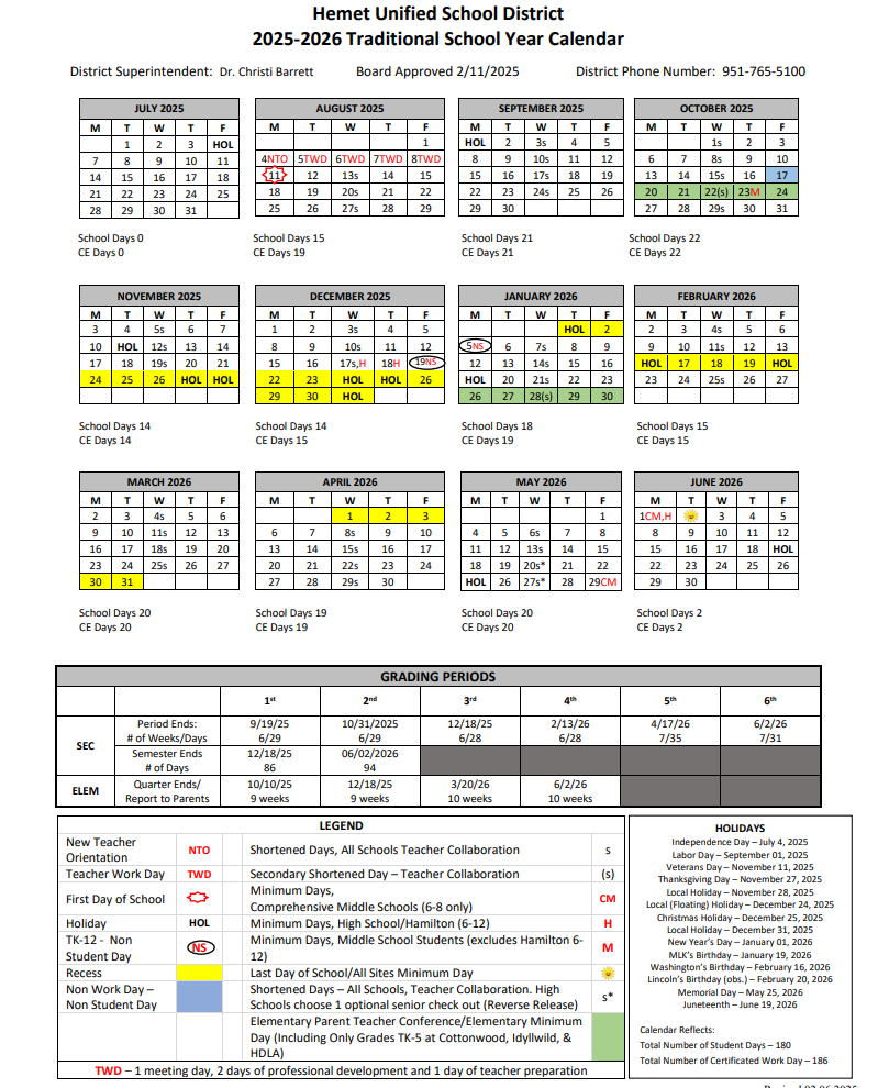 Hemet Unified School District Calendar 2025-2026
