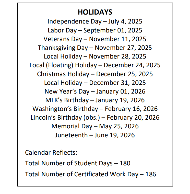 Hemet Unified School District Holidays 2025-2026 Calendar