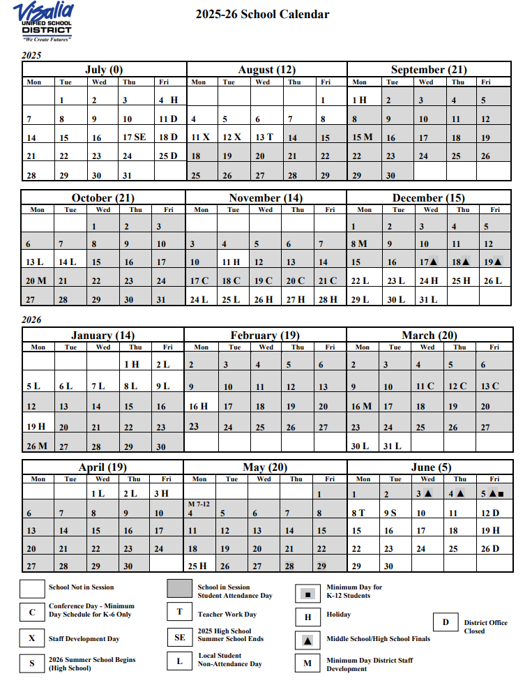 Visalia Unified School District Calendar 2025-2026