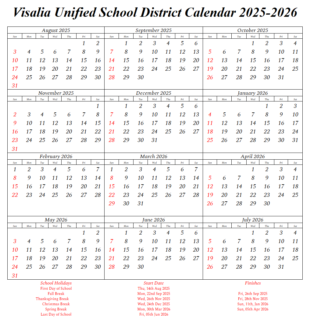 Visalia Unified School District Calendar Holidays 2025-26