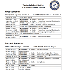 West Ada School District Holidays Calendar 2025-26