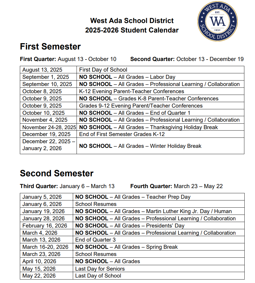 West Ada School District Holidays Calendar 2025-26