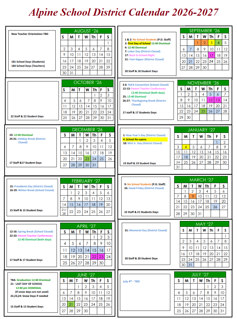 Alpine School District Calendar 2026-2027