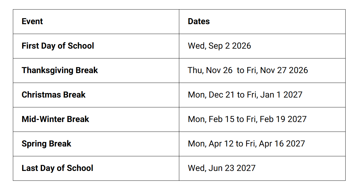 Bellevue County School District Proposed Calendar 2026-2027