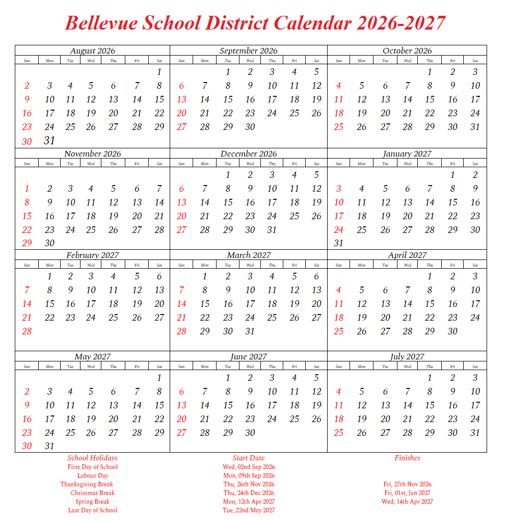Bellevue School District Calendar 2026-2027