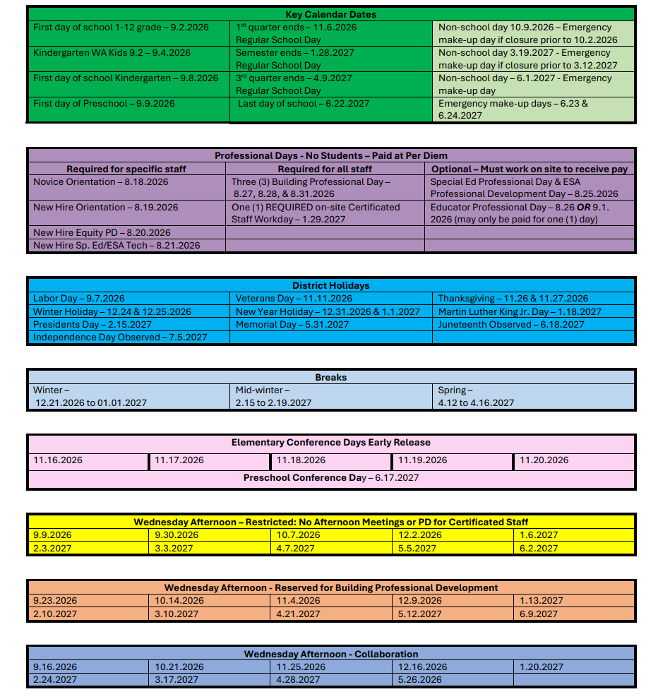 Bellevue School District Calendar Holidays 2026-27