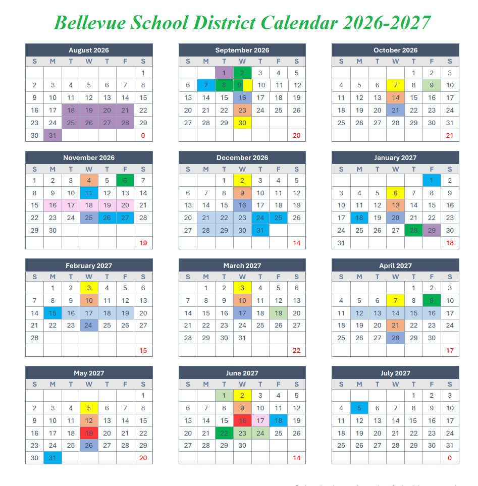 Bellevue School District, Washington Calendar Holidays 2026-2027