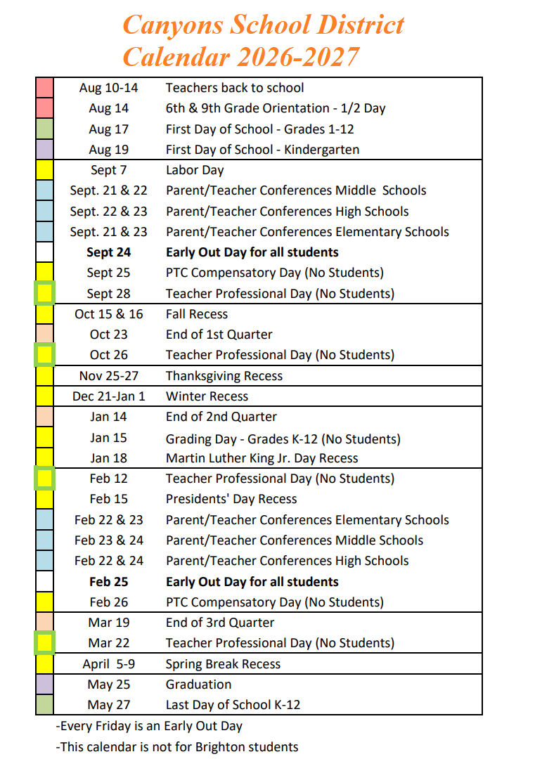 Canyons County School District Proposed Calendar 2026-2027