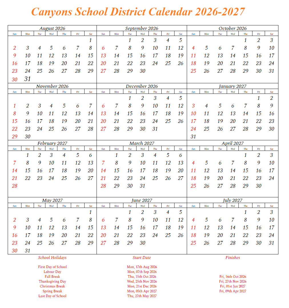 Canyons School District Calendar 2026-2027