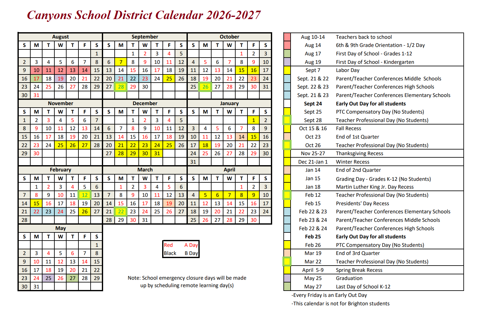 Canyons School District Holidays Calendar 2026-2027