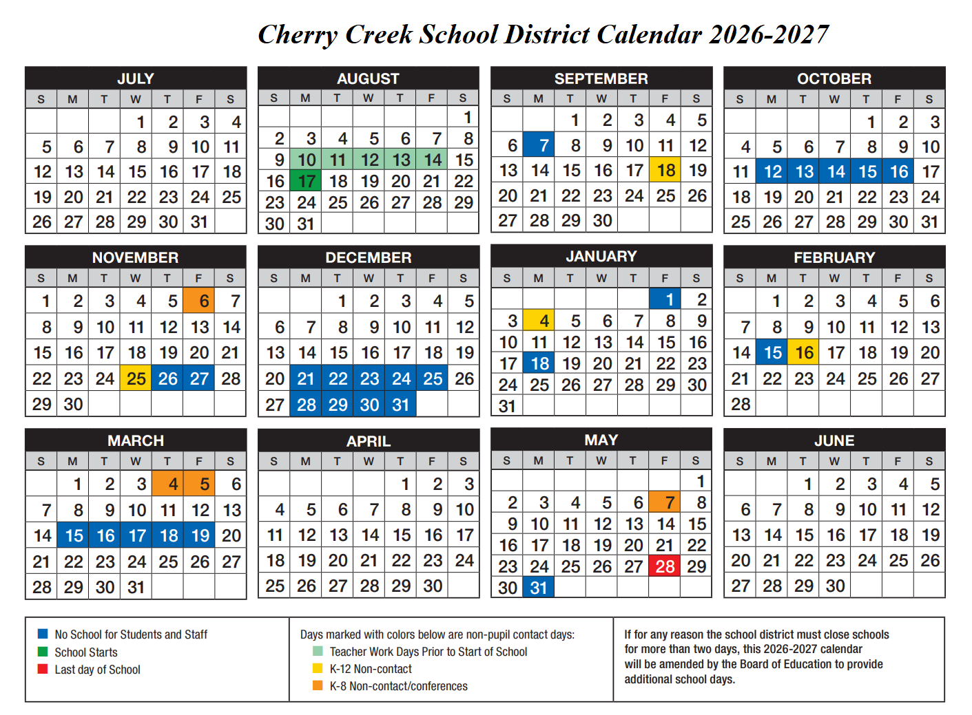 Cherry Creek School District Calendar 2026-2027