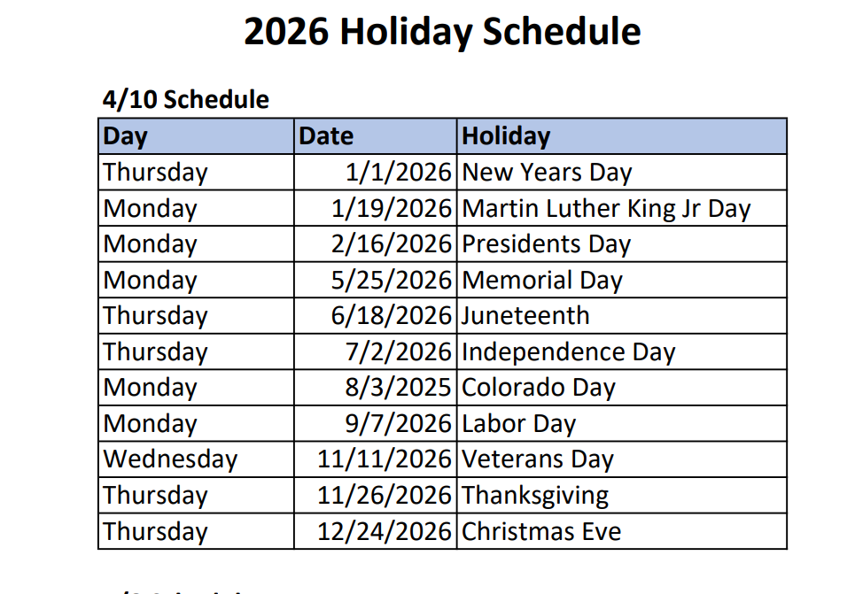 Colorado Holidays Calendar 2025-2026