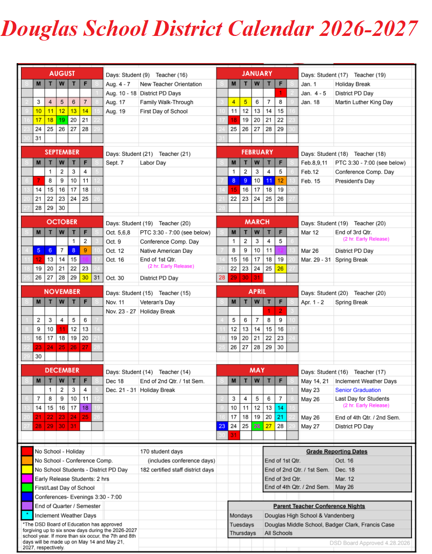 Douglas School District Calendar 2026-2027