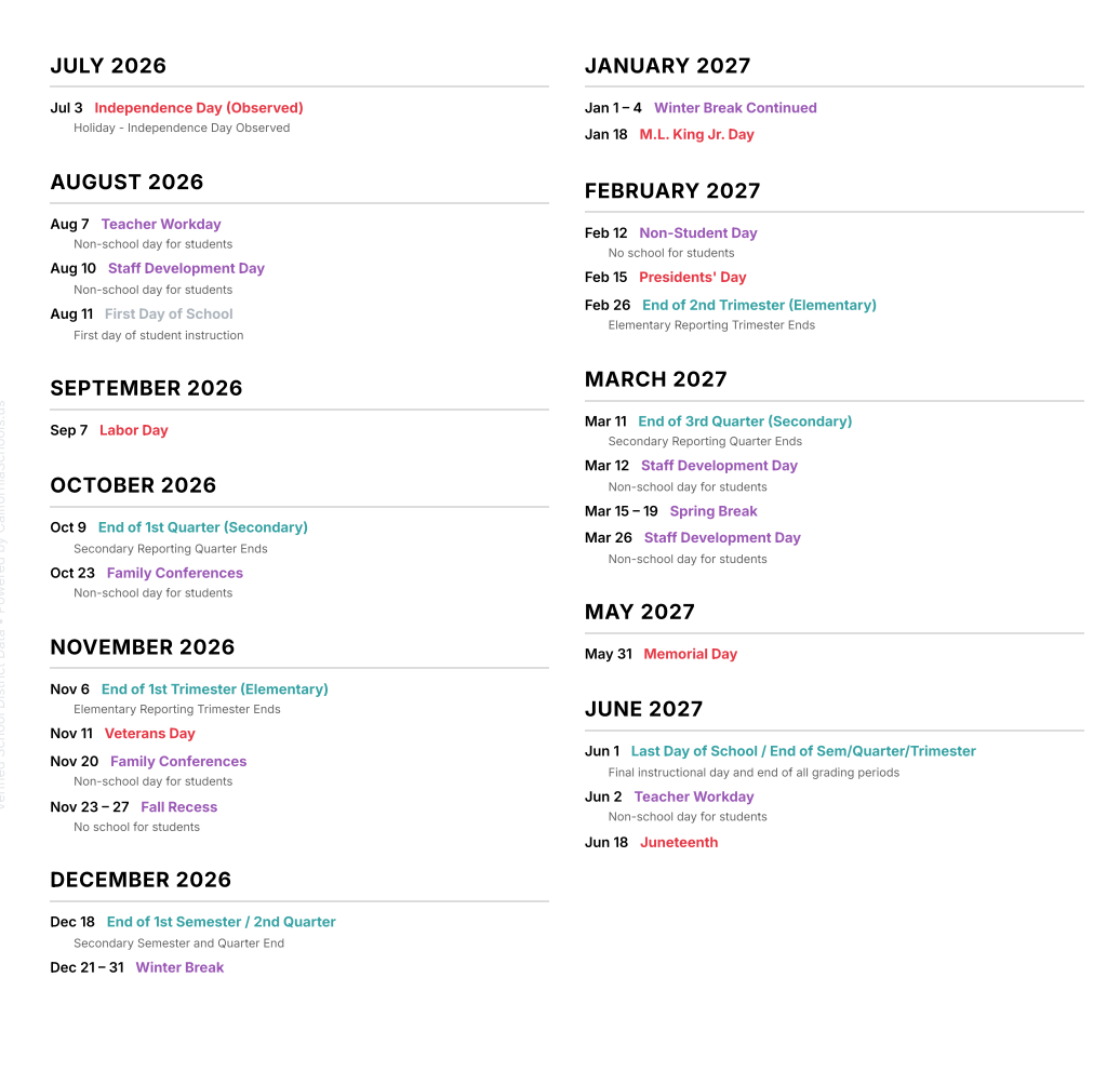 Fremont Unified County School District Proposed Calendar 2026-2027