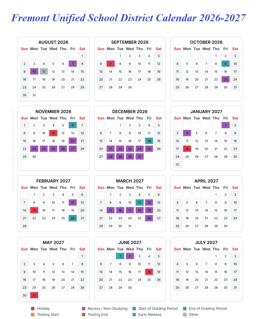 Fremont Unified School District 2026-27 Calendar