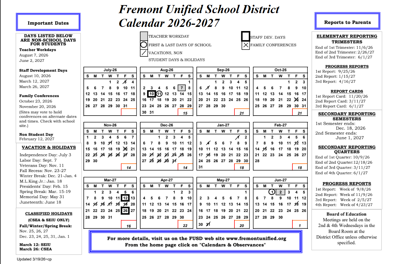 Fremont Unified School District Calendar 2026-2027