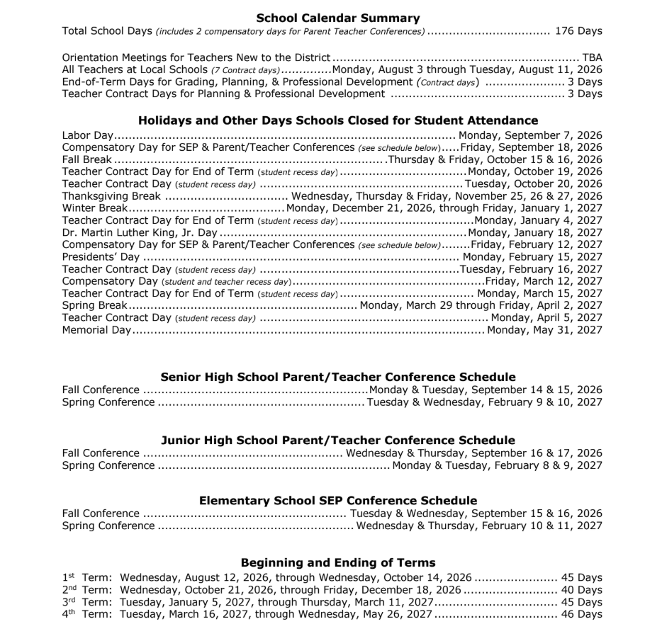 Granite County School District Proposed Calendar 2026-2027