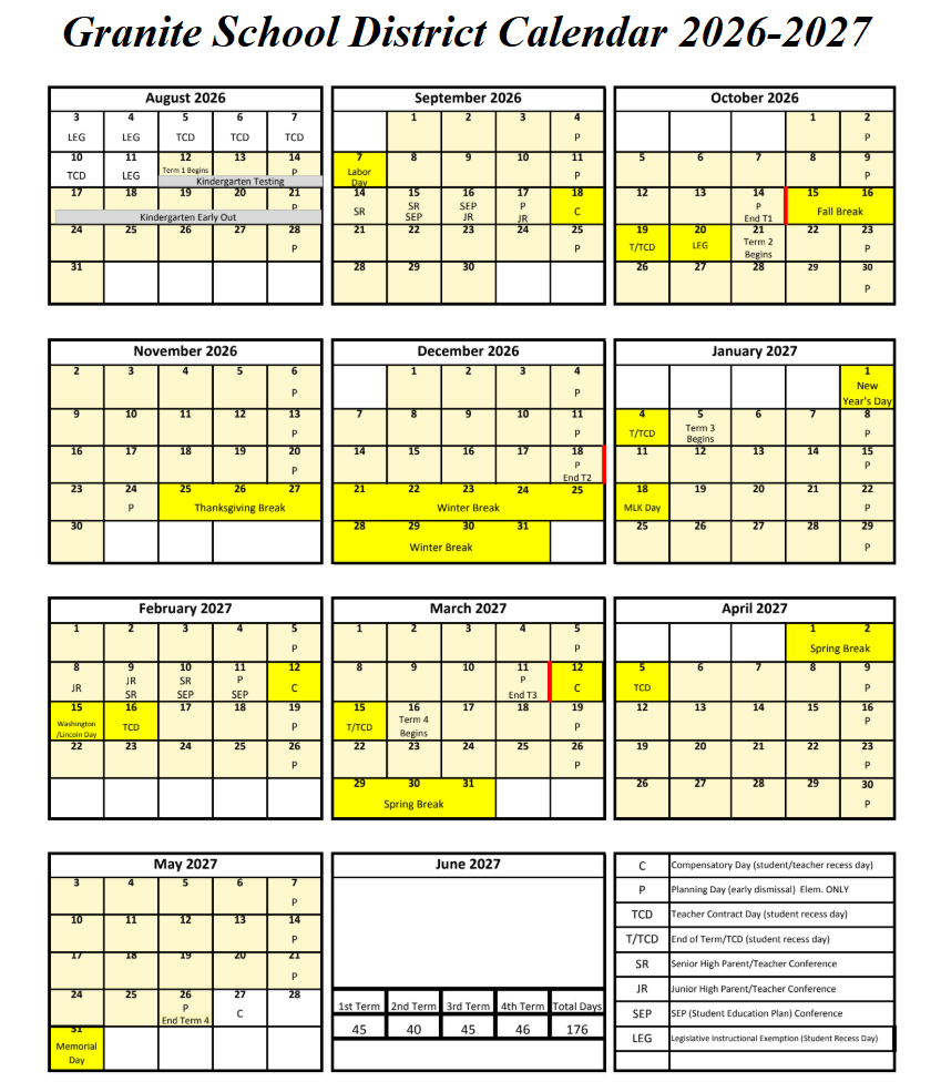 Granite School District Calendar 2026-2027