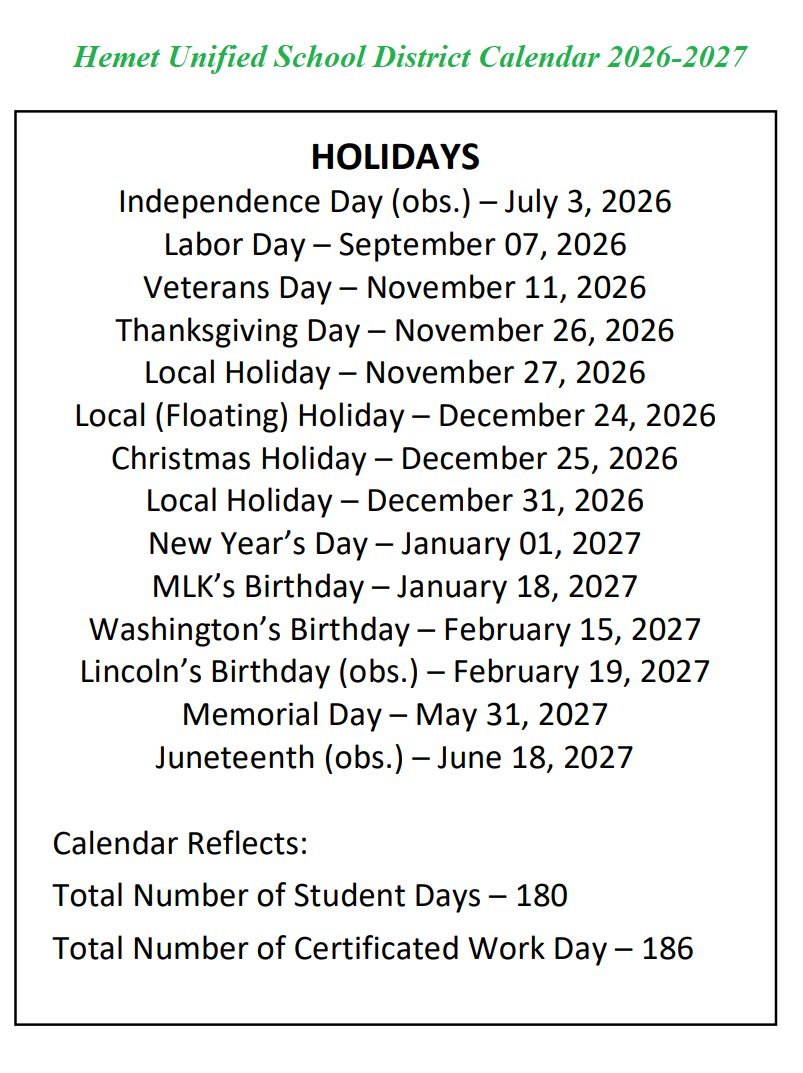 Hemet Unified County School District Proposed Calendar 2026-2027