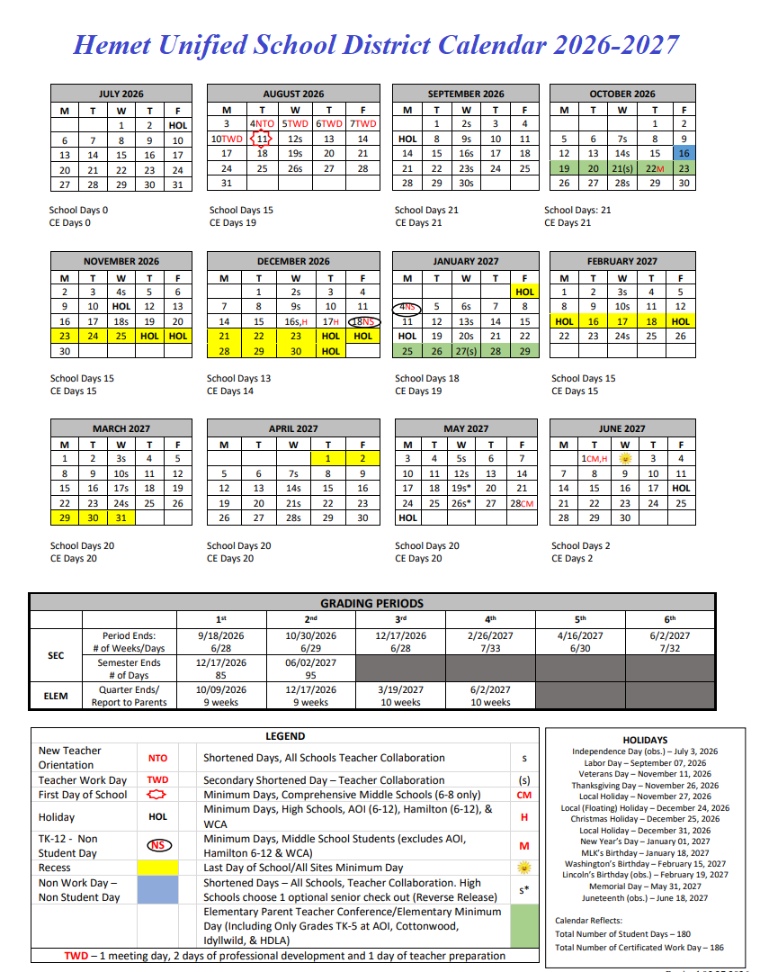 Hemet Unified School District Calendar 2026-2027