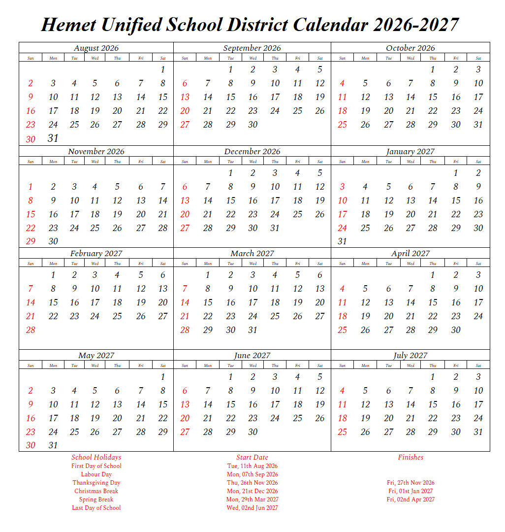 Hemet Unified School District Holidays 2026-2027 Calendar