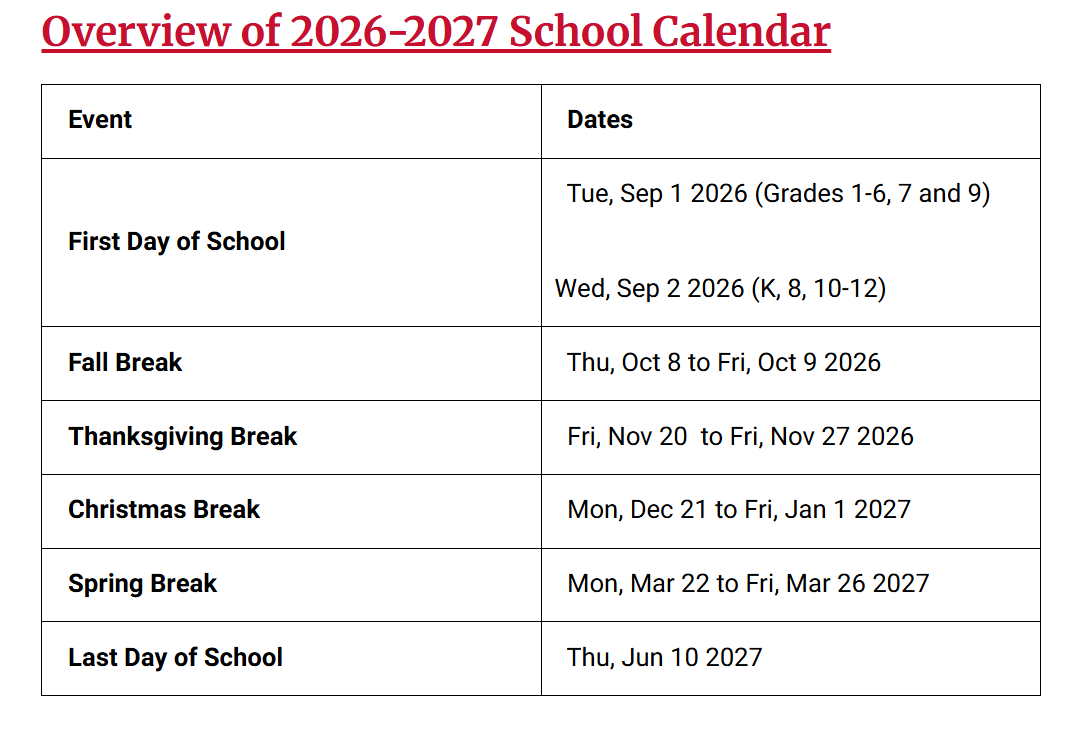 Hillsboro County School District Proposed Calendar 2026-2027