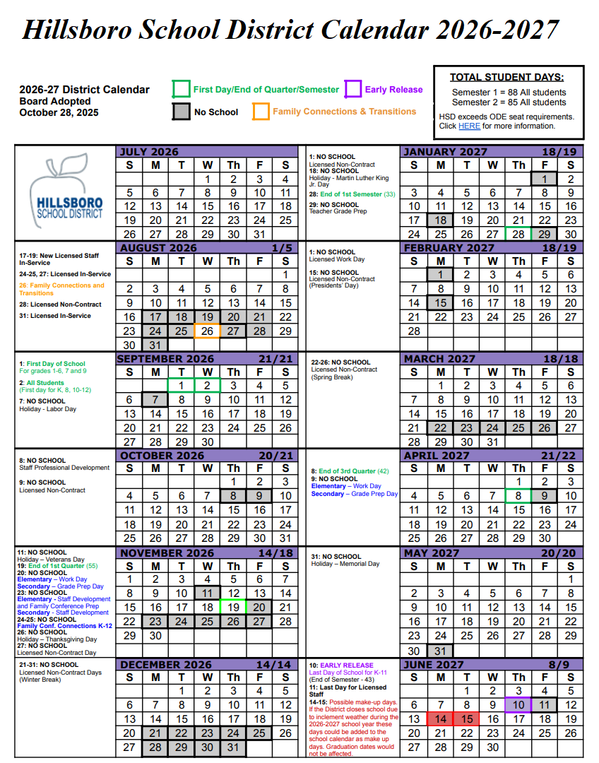 Hillsboro School District Calendar 2026-2027