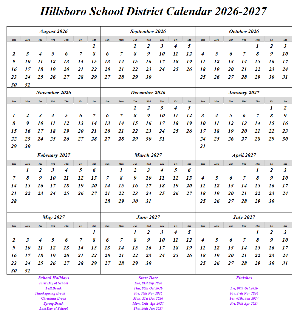 Hillsboro School District Holidays Calendar 2026-27