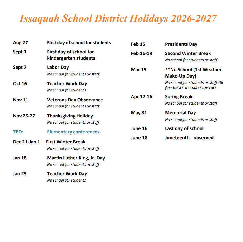 Issaquah County School District Proposed Calendar 2026-2027