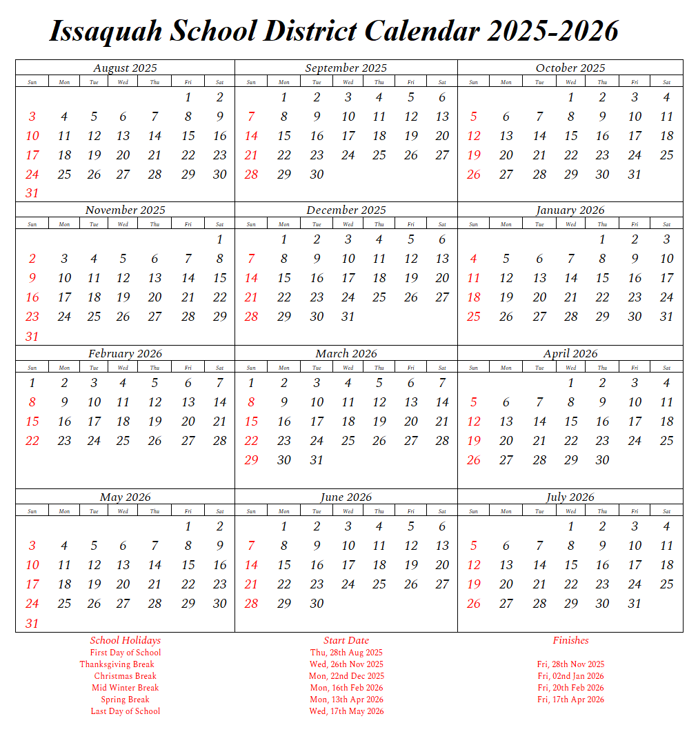 Issaquah School District Calendar 2025-2026
