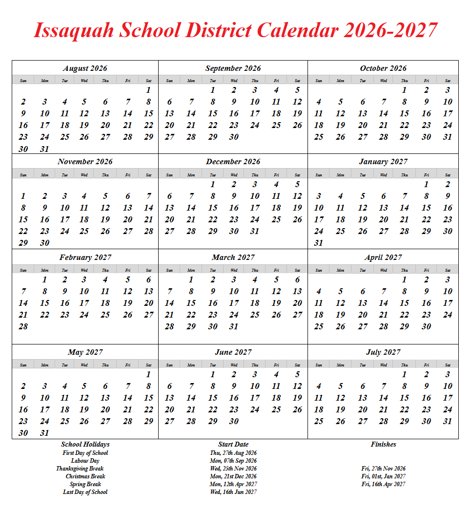 Issaquah School District Calendar 2026-2027