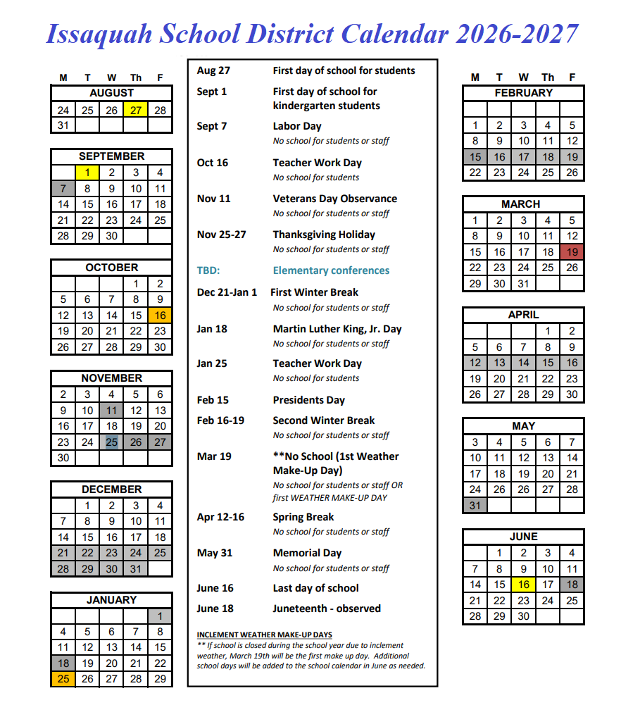 Issaquah School District Calendar Holidays 2026-2027