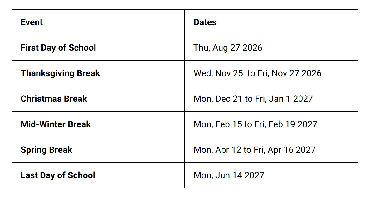 Issaquah School District, Washington Calendar Holidays 2026-27