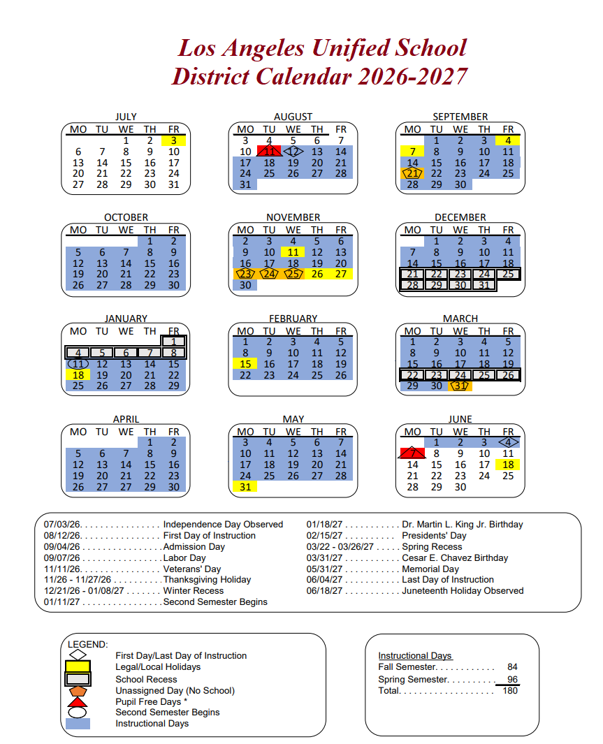 Los Angeles Unified School District Calendar 2026-2027