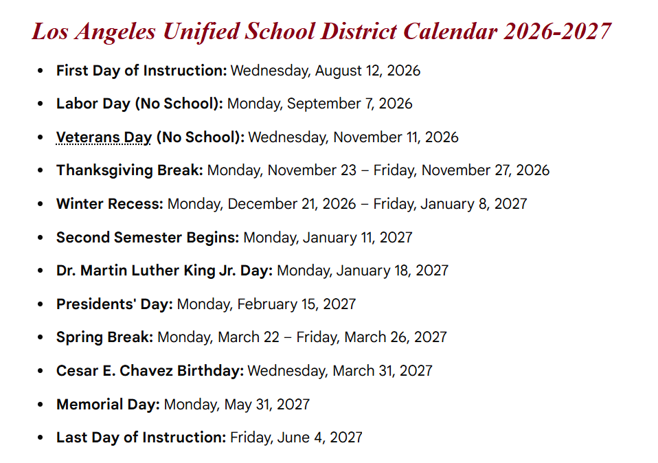 Los Angeles Unified School District Holidays 2026-2027 Calendar