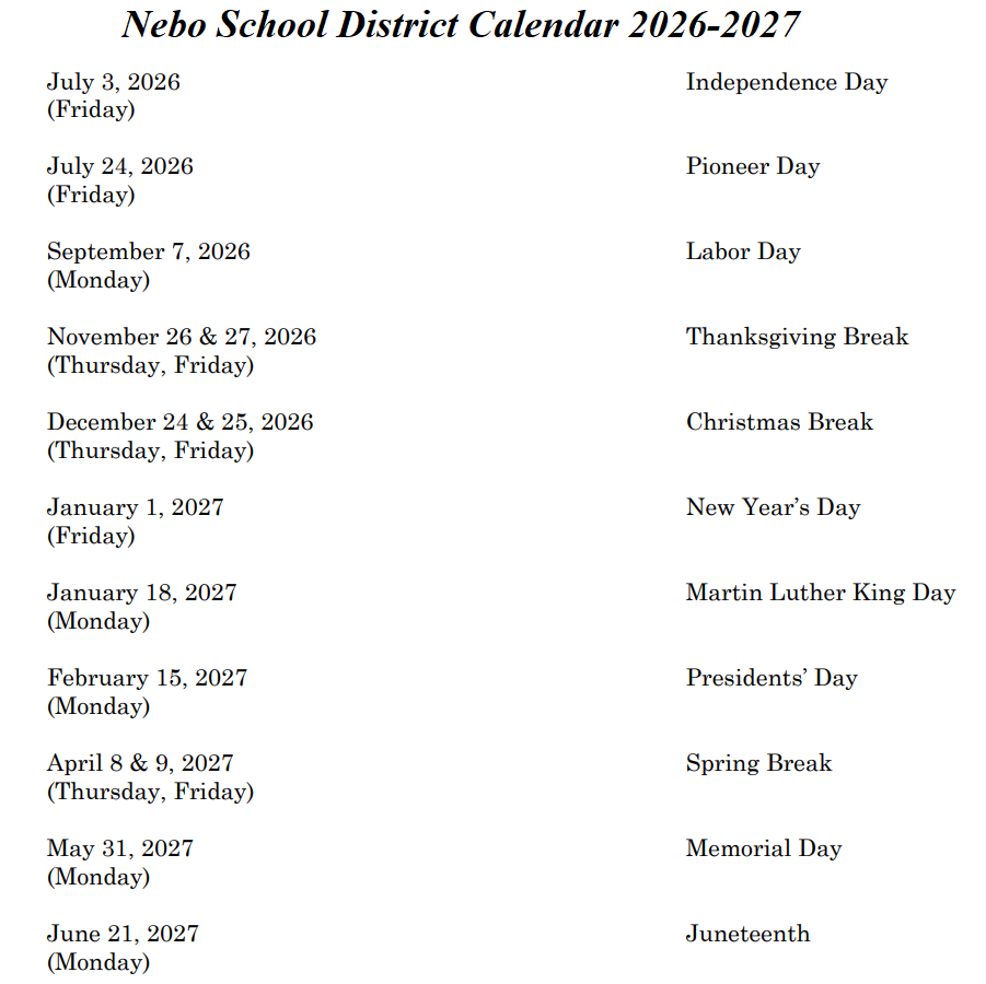 Nebo County School District Proposed Calendar 2026-2027