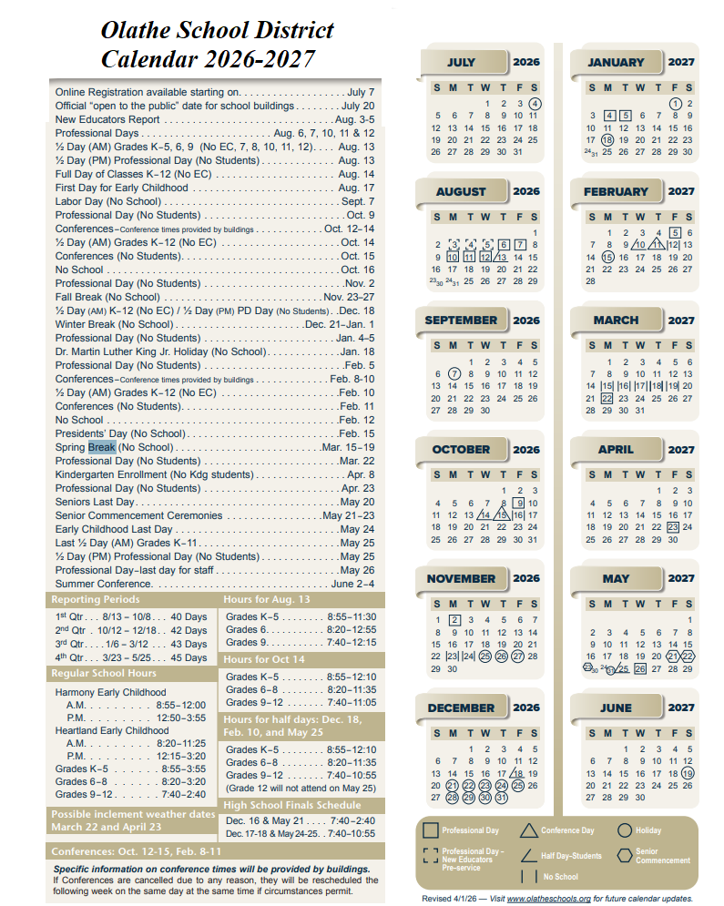 Olathe County School District Proposed Calendar 2026-2027