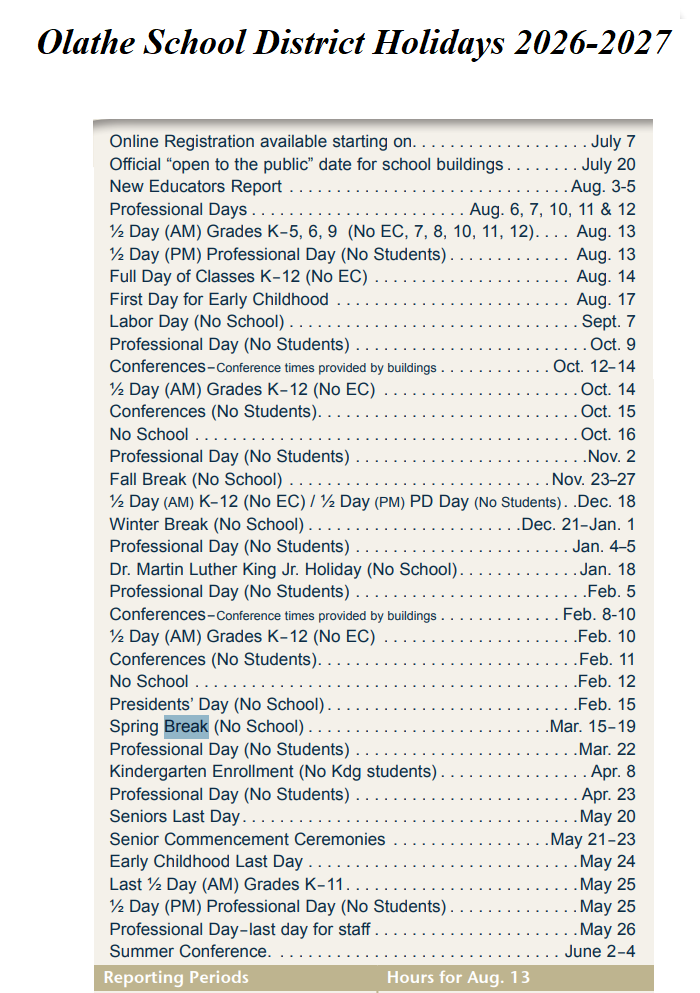 Olathe School District Holidays Calendar 2026-2027