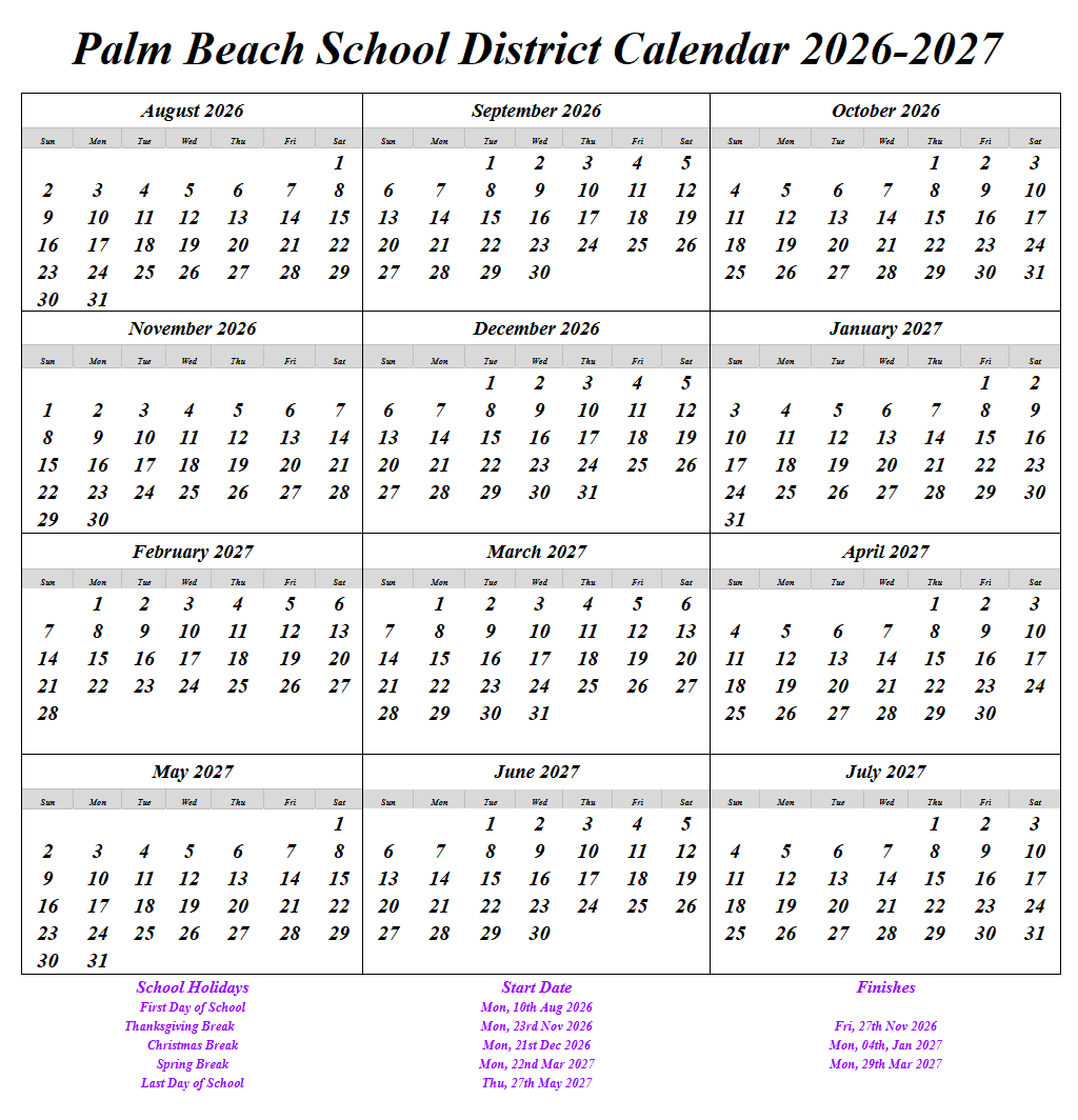 Palm Beach County School District Holidays Calendar 2026-2027