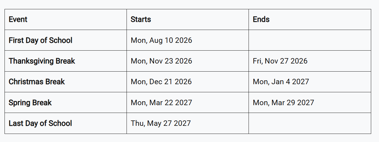 Palm Beach County School District Proposed Calendar 2026-2027