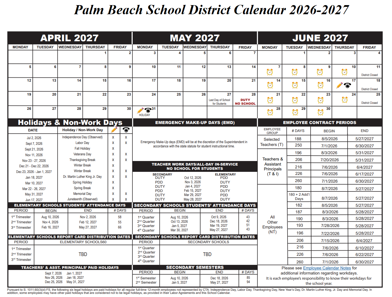 Palm Beach School District, Florida Calendar Holidays 2026-2027