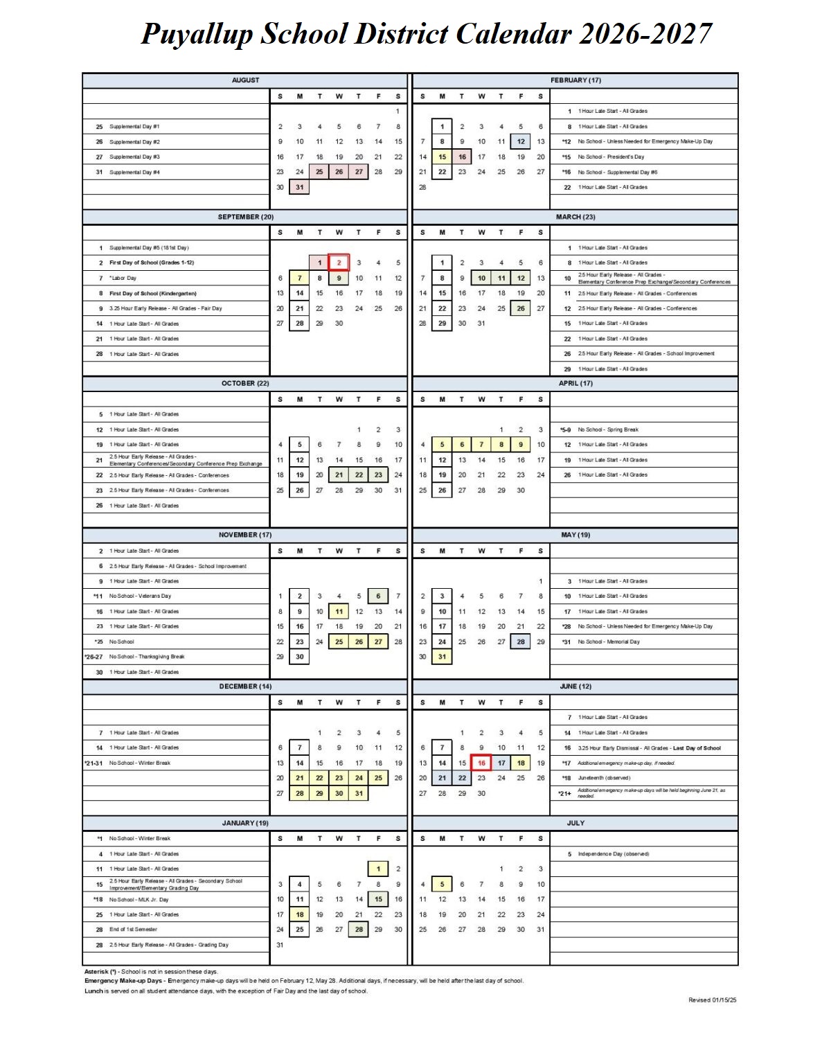 Puyallup County School District Proposed Calendar 2026-2027