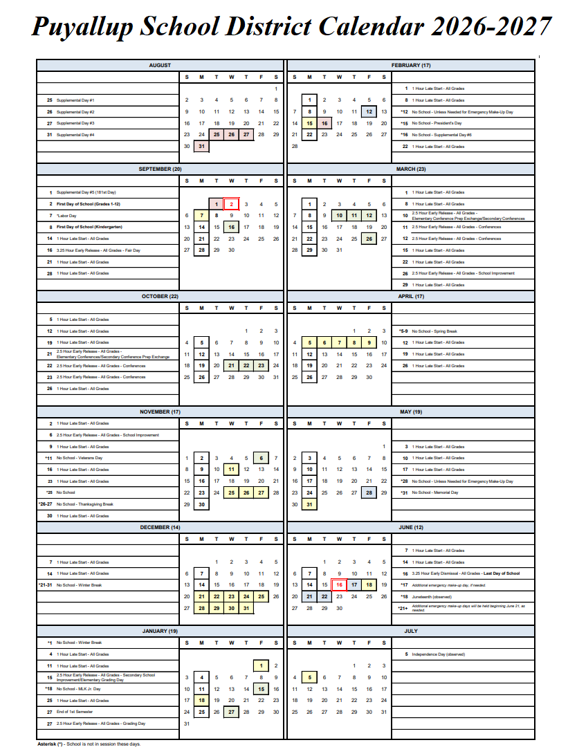 Puyallup School District Calendar 2026-2027