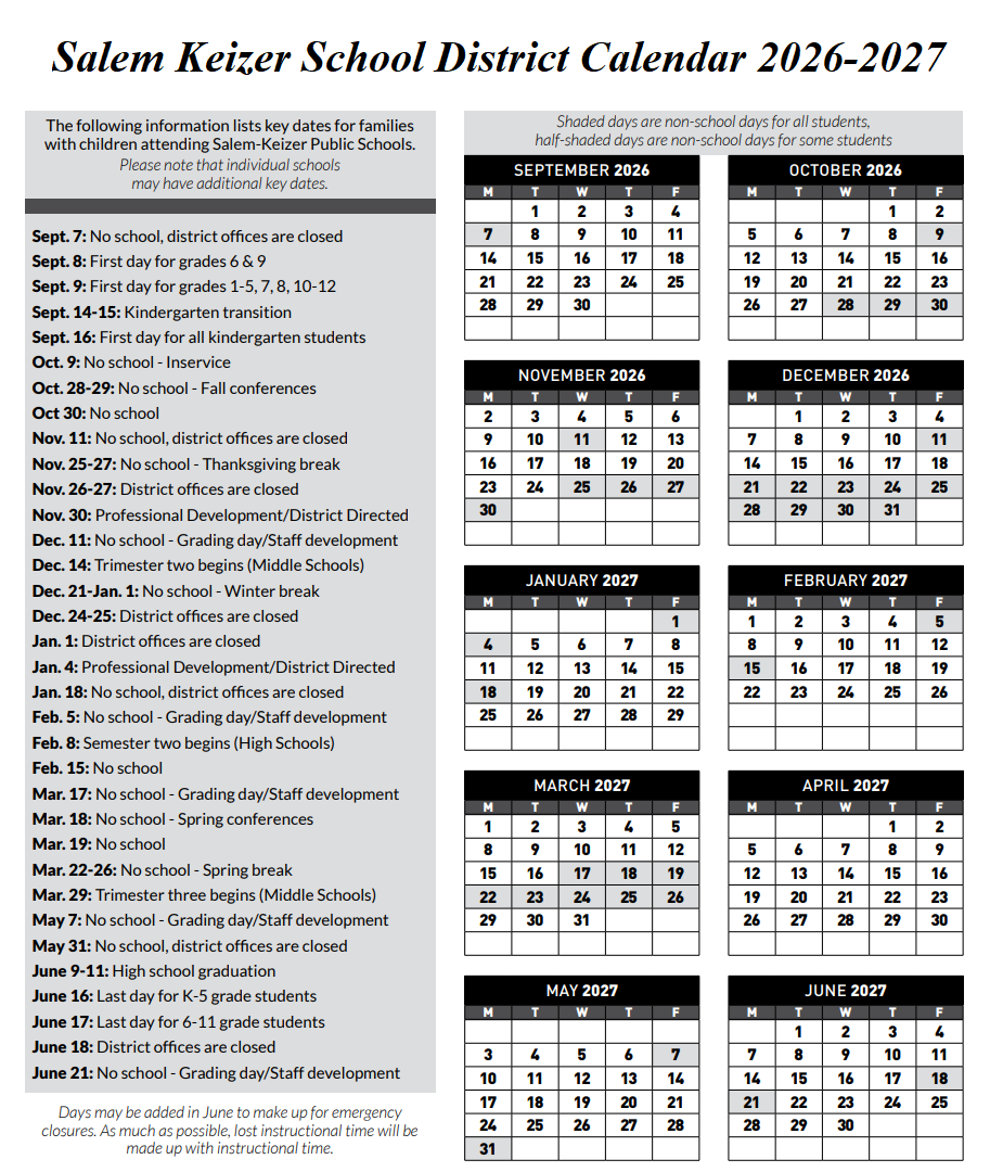 Salem Keizer School District Calendar 2026-2027