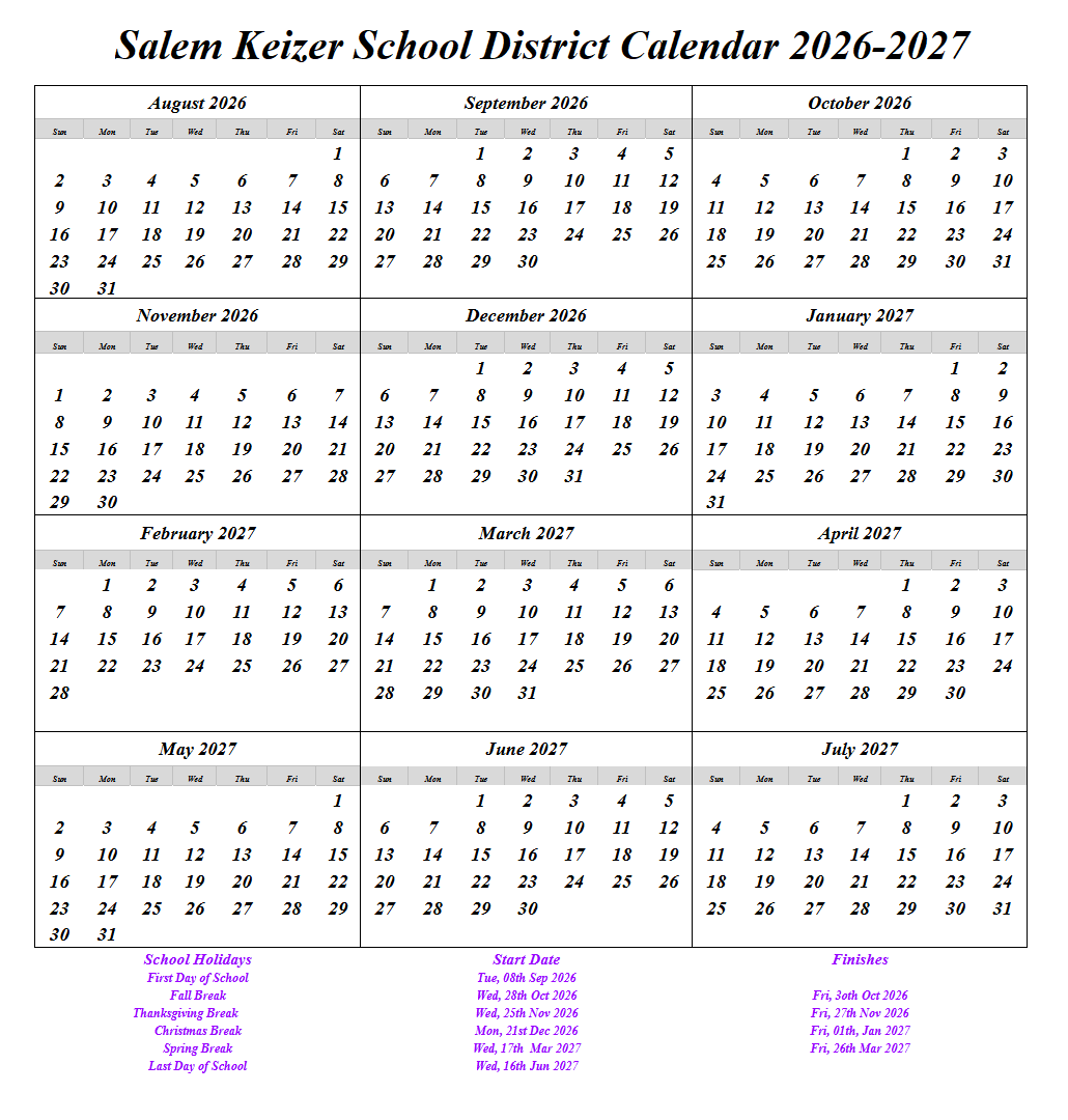 Salem-Keizer School District Holidays Calendar