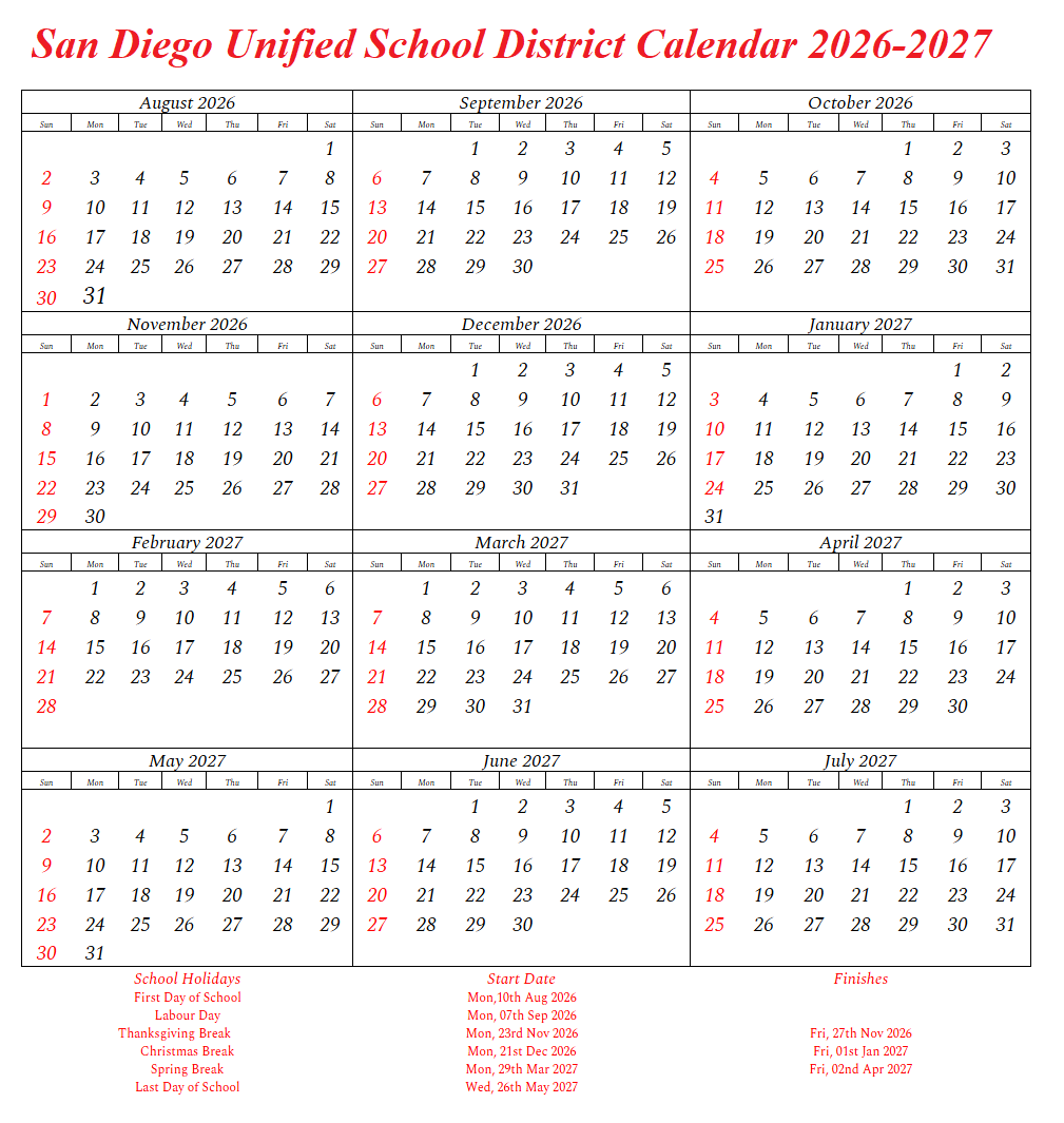 San Diego Unified School District Calendar 2026-27