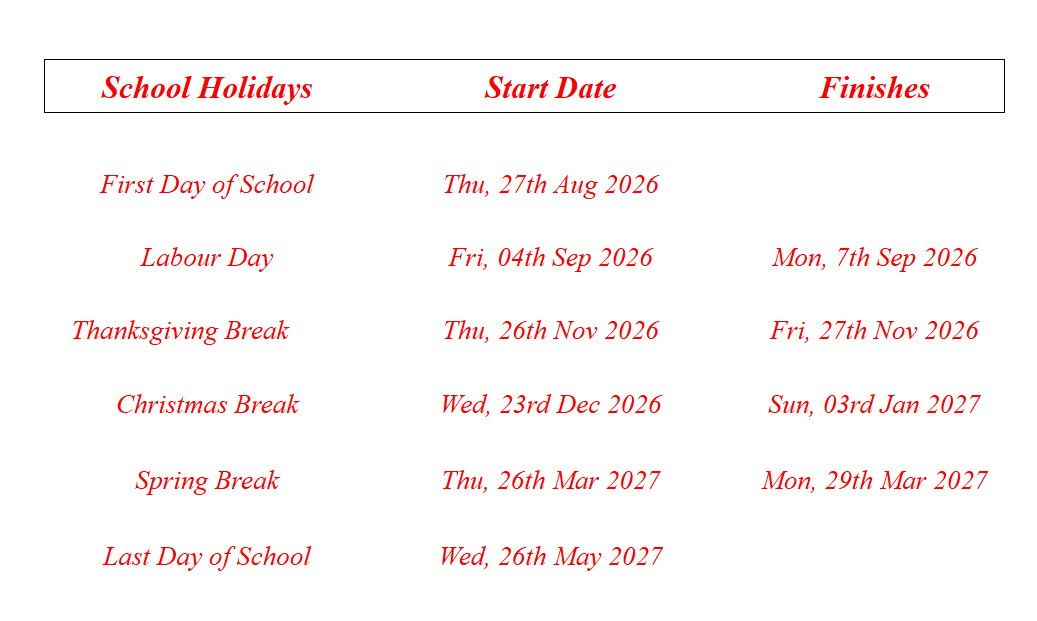 Sioux Falls County School District Proposed Calendar 2026-2027