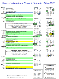 Sioux Falls District School Calendar Holidays 2026-2027