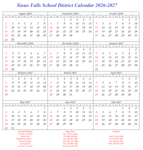 Sioux Falls School District Calendar 2026-2027